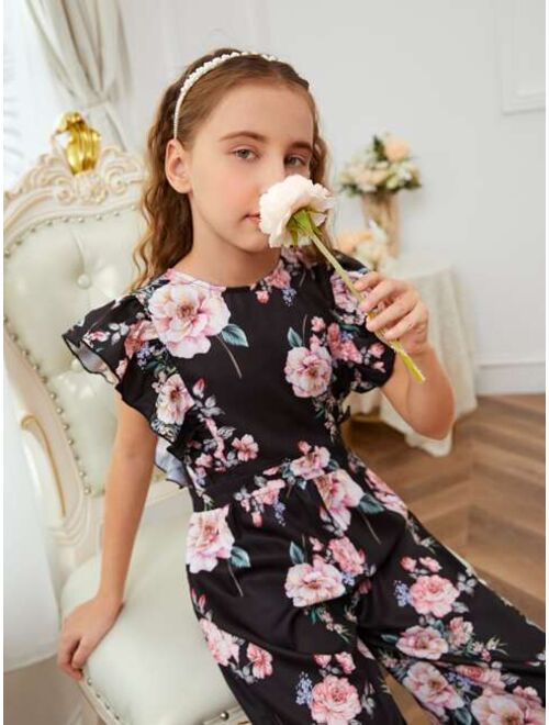 SHEIN Girls Floral Butterfly Print Jumpsuit