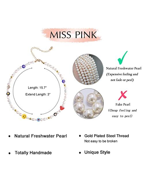 Miss Pink Natural Freshwater Pearl "Fun Flirty" Beaded Choker Necklace Handmade Summer Boho Jewlery Gifts for Women Teen Girls