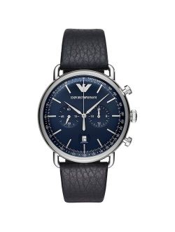 Men's Stainless Steel and Leather Strap Dress Watch AR11105