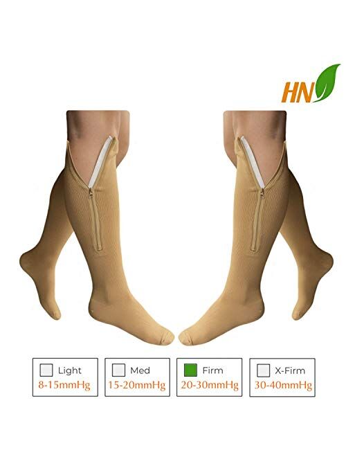 HealthyNees 2 Pairs Set Closed Toe 20-30 mmHg Zipper Compression Fatigue Swelling Circulation Knee Length Socks (Small/Medium (2 Pair), Beige/Black)