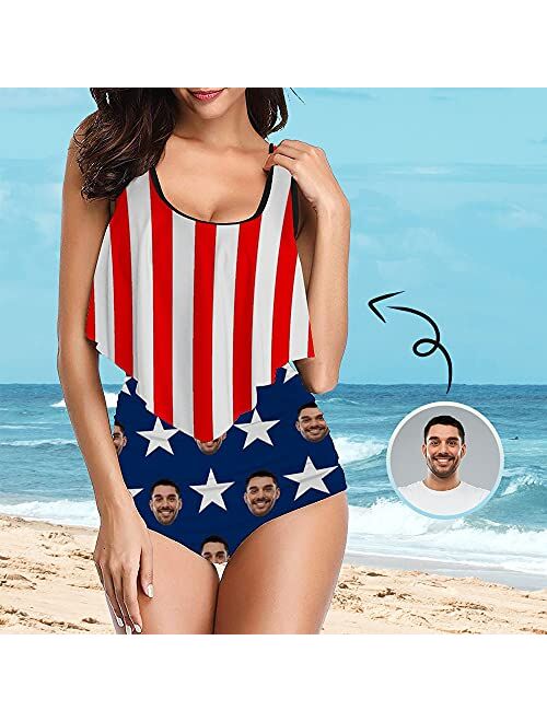 Interestprint Custom Face Seamless face High Waisted Swimsuit Ruffled Top Bathing Suits Personalized Photo Gifts Swimwear for Women Girl