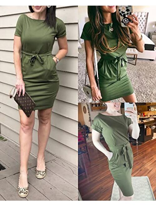 PRETTYGARDEN Women's Basic Crewneck Belted Office Dress Solid Color Short Sleeve Party Slim Dress