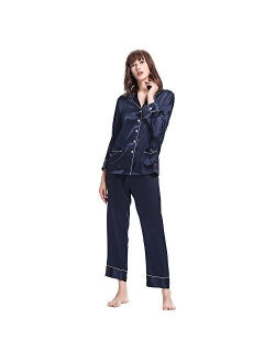 Silk Pajamas Set for Women's Long V Neck Notched Collar with White Trimmed