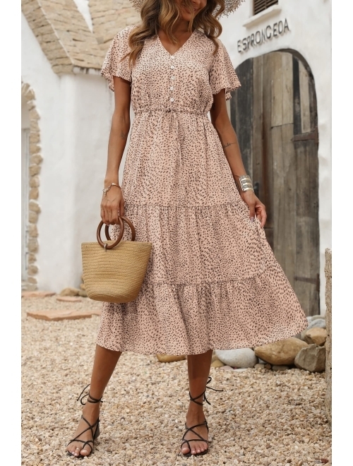 PRETTYGARDEN Women's Floral Boho Dress Casual Short Sleeve V Neck Ruffle Tiered Summer Swing Maxi Dresses with Belt