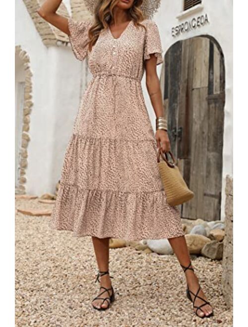 PRETTYGARDEN Women's Floral Boho Dress Casual Short Sleeve V Neck Ruffle Tiered Summer Swing Maxi Dresses with Belt