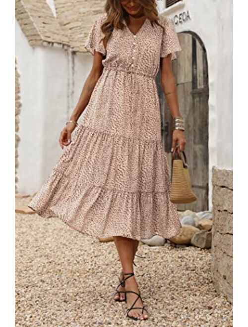 PRETTYGARDEN Women's Floral Boho Dress Casual Short Sleeve V Neck Ruffle Tiered Summer Swing Maxi Dresses with Belt