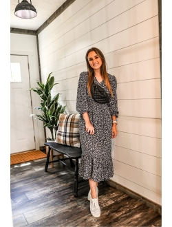 Women's Casual Long Sleeve Midi Fall Dress Boho Pleated V Neck Ruffled Vintage Floral Print Flowy Long Dresses