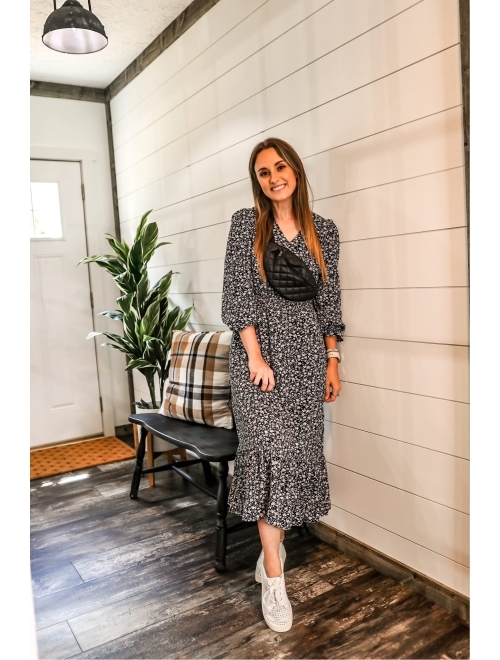 PRETTYGARDEN Women's Casual Long Sleeve Midi Fall Dress Boho Pleated V Neck Ruffled Vintage Floral Print Flowy Long Dresses