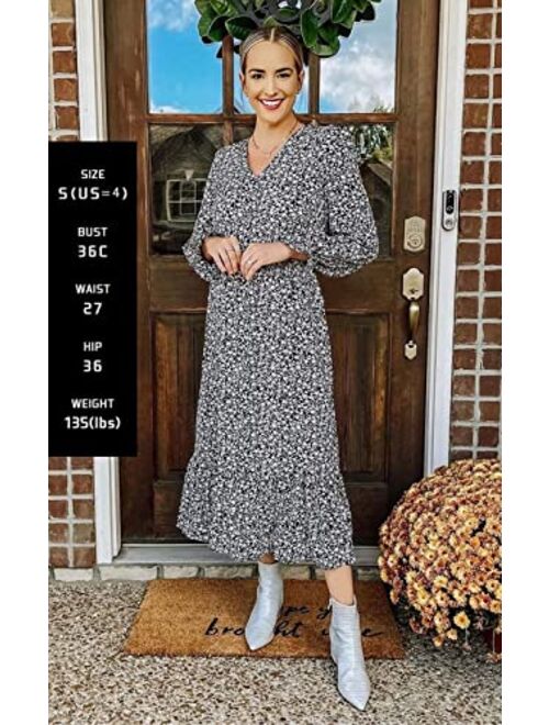 PRETTYGARDEN Women's Casual Long Sleeve Midi Fall Dress Boho Pleated V Neck Ruffled Vintage Floral Print Flowy Long Dresses