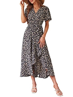 Women's Floral Summer Dress Wrap V Neck Short Sleeve Belted Ruffle Hem A-Line Bohemian Maxi Dresses