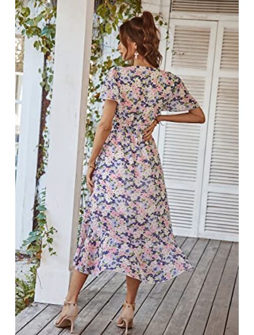 PRETTYGARDEN Women's Floral Summer Dress Wrap V Neck Short Sleeve Belted Ruffle Hem A-Line Bohemian Maxi Dresses