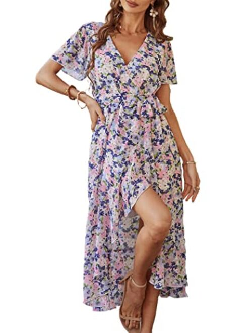 PRETTYGARDEN Women's Floral Summer Dress Wrap V Neck Short Sleeve Belted Ruffle Hem A-Line Bohemian Maxi Dresses