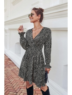 Women's Leopard Mini Dress Long Sleeve V Neck Elastic High Waist Chiffon Swing A-Line Dresses