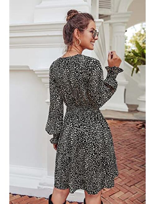 PRETTYGARDEN Women's Leopard Mini Dress Long Sleeve V Neck Elastic High Waist Chiffon Swing A-Line Dresses