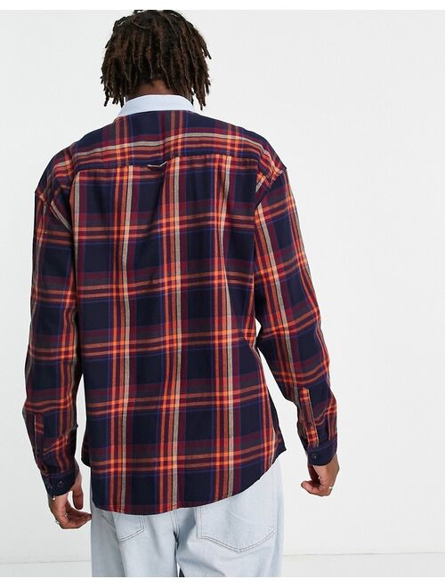 Topman relaxed check shirt with denim contrast collar in navy