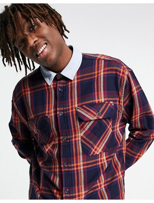 Topman relaxed check shirt with denim contrast collar in navy