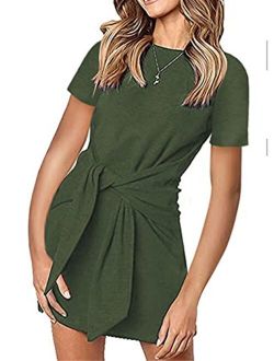 Women’s Casual Short Dresses Solid Color Short Sleeve Crewneck Tie Waist T Shirt Dress Mini Tunic Dress