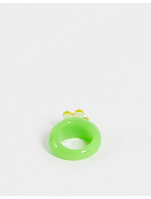 ASOS DESIGN plastic ring with yellow flower in green
