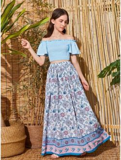 Teen Girls Off The Shoulder Frill Trim Butterfly Sleeve Top & Floral Print Skirt