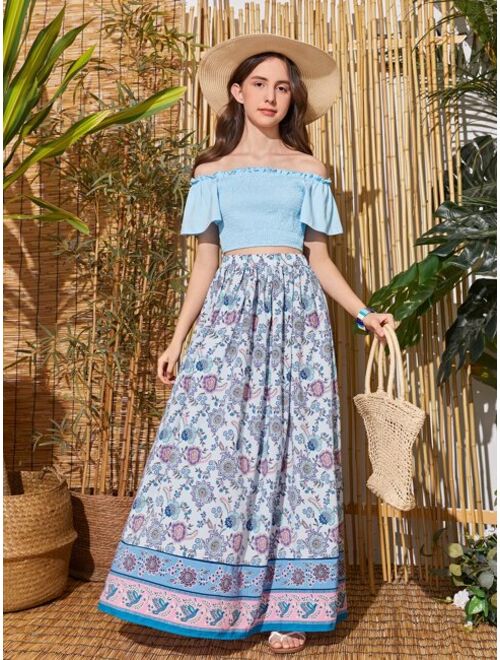 SHEIN Teen Girls Off The Shoulder Frill Trim Butterfly Sleeve Top & Floral Print Skirt