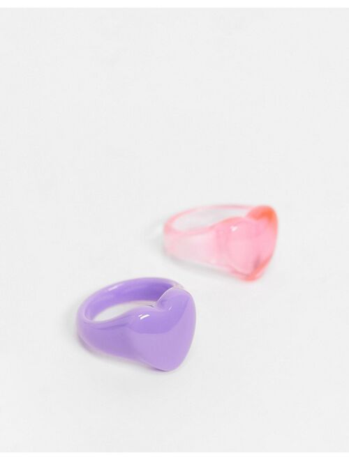 ASOS DESIGN pack of 2 rings in heart design in pink and purple plastic