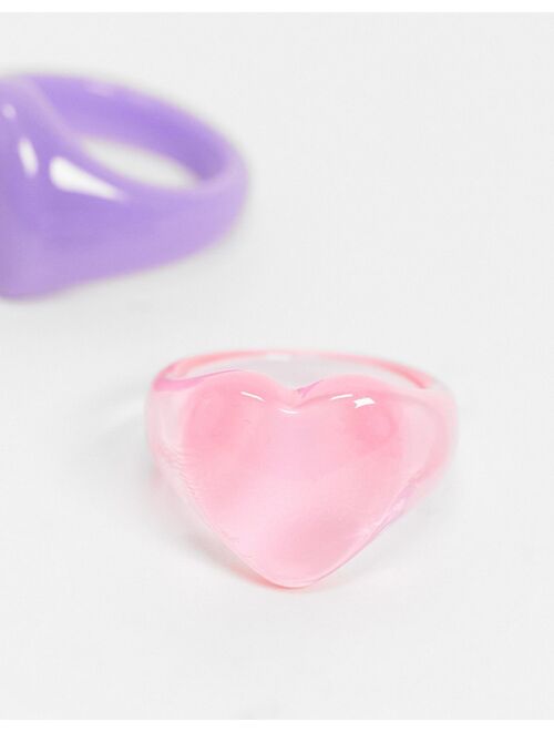 ASOS DESIGN pack of 2 rings in heart design in pink and purple plastic