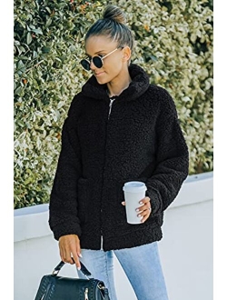 Women's Fashion Long Sleeve Lapel Zip Up Faux Shearling Shaggy Oversized Coat Jacket For Warm Winter