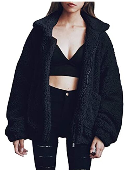 PRETTYGARDEN Women's Fashion Long Sleeve Lapel Zip Up Faux Shearling Shaggy Oversized Coat Jacket For Warm Winter