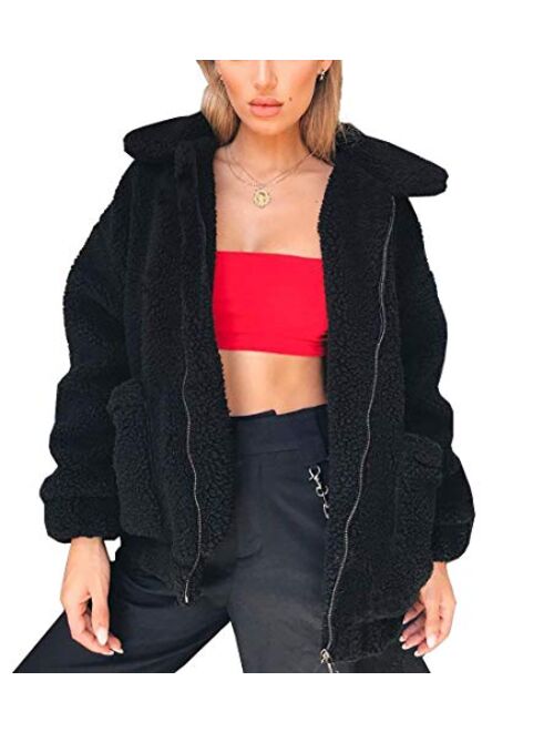PRETTYGARDEN Women's Fashion Long Sleeve Lapel Zip Up Faux Shearling Shaggy Oversized Coat Jacket For Warm Winter