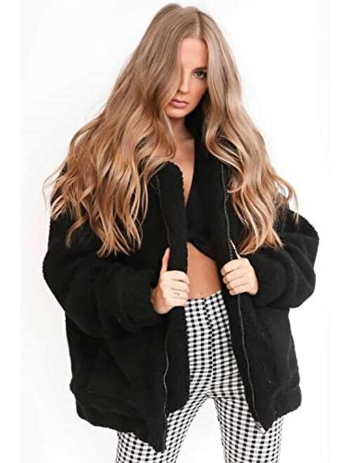 PRETTYGARDEN Women's Fashion Long Sleeve Lapel Zip Up Faux Shearling Shaggy Oversized Coat Jacket For Warm Winter