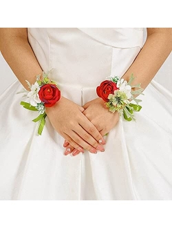 Campsis 2PCS Wedding Bridal Handmade Wrist Flower Corsage Red Artificial Leave Wrist Corsage Bride Bridesmaid Ribbon Hand Flower for Prom Party Beach Photography