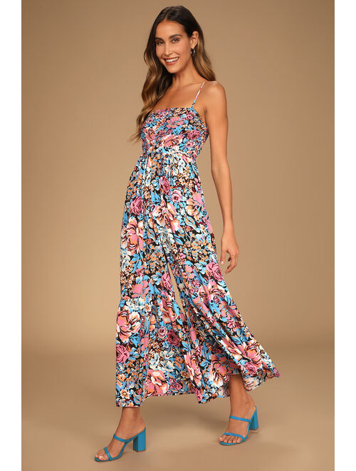 Lulus Escape to the Islands Multi Floral Smocked Sleeveless Jumpsuit