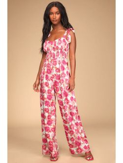 Exquisite Outing Ivory Floral Print Tie-Strap Wide-Leg Jumpsuit
