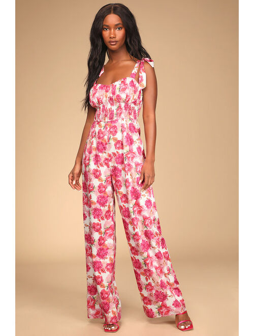 Lulus Exquisite Outing Ivory Floral Print Tie-Strap Wide-Leg Jumpsuit
