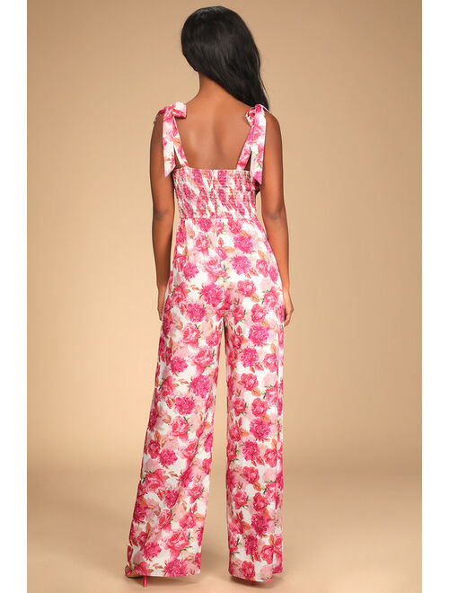 Lulus Exquisite Outing Ivory Floral Print Tie-Strap Wide-Leg Jumpsuit