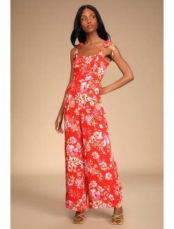 Sunny Sweetness Red Floral Print Tie-Strap Jumpsuit