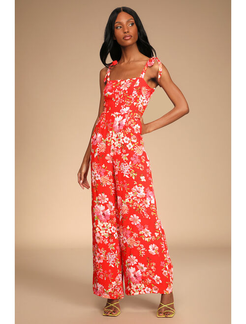 Lulus Sunny Sweetness Red Floral Print Tie-Strap Jumpsuit