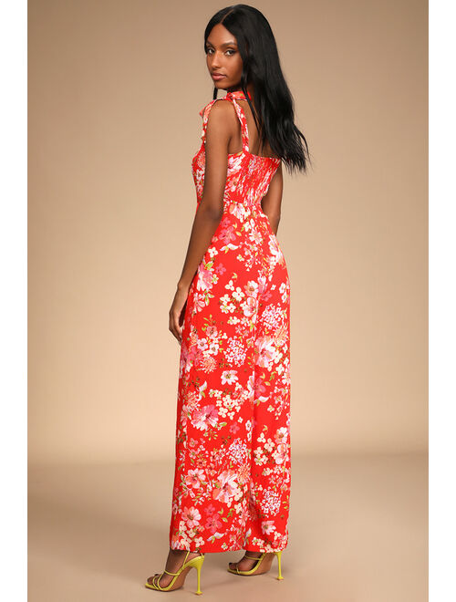 Lulus Sunny Sweetness Red Floral Print Tie-Strap Jumpsuit