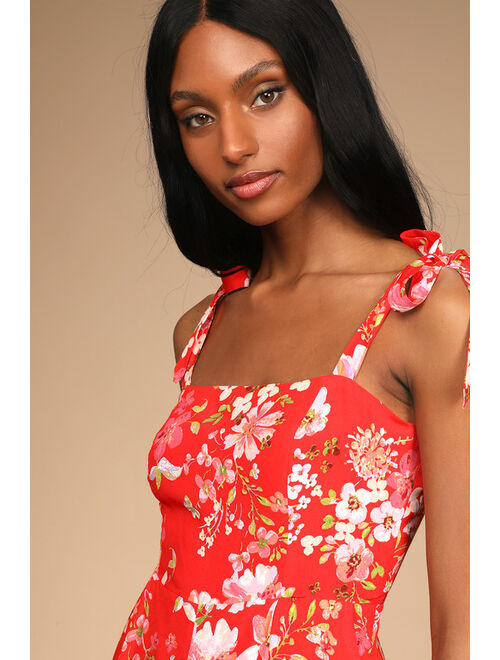 Lulus Sunny Sweetness Red Floral Print Tie-Strap Jumpsuit