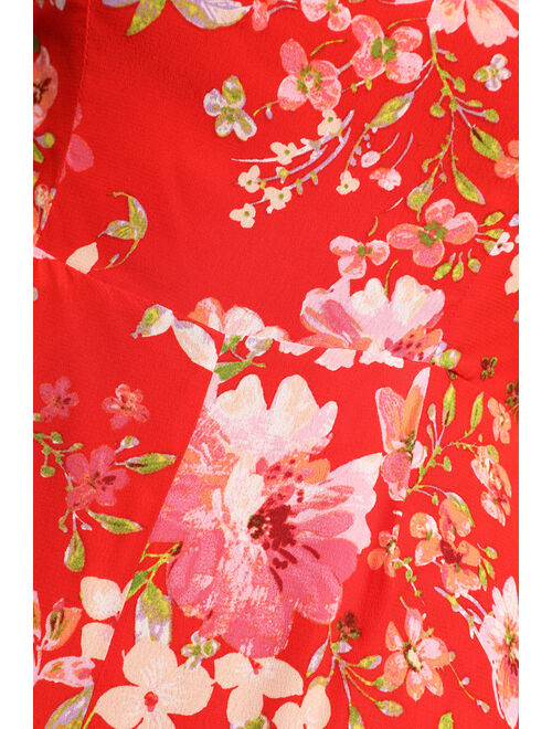 Lulus Sunny Sweetness Red Floral Print Tie-Strap Jumpsuit