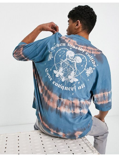 ASOS DESIGN oversized T-shirt in blue tie dye with skeleton back print - BLACK