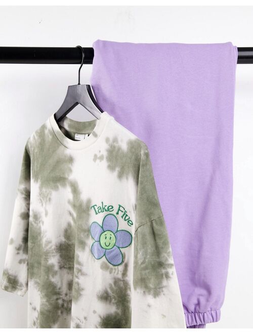 ASOS DESIGN oversized t-shirt in khaki tie dye with floral chest embroidery