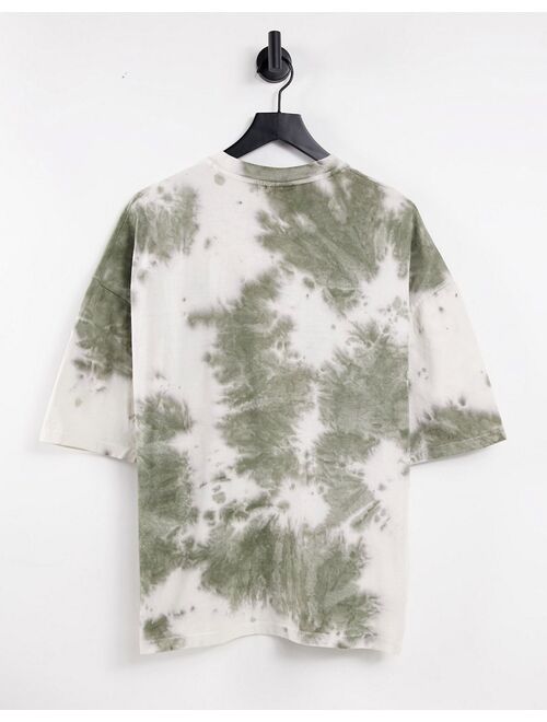 ASOS DESIGN oversized t-shirt in khaki tie dye with floral chest embroidery