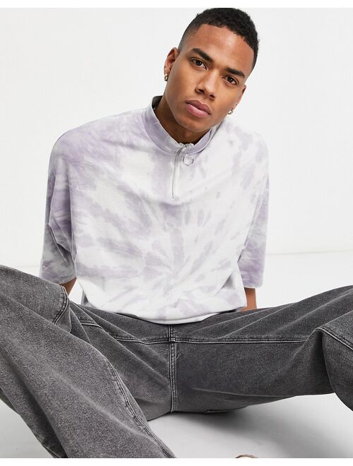 ASOS DESIGN oversized half zip t-shirt in gray tie dye
