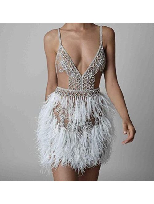 Fenghuavip Short Wedding Dress Feather Cocktail Backless Spaghetti Crystal Beads Mini Evening Gowns