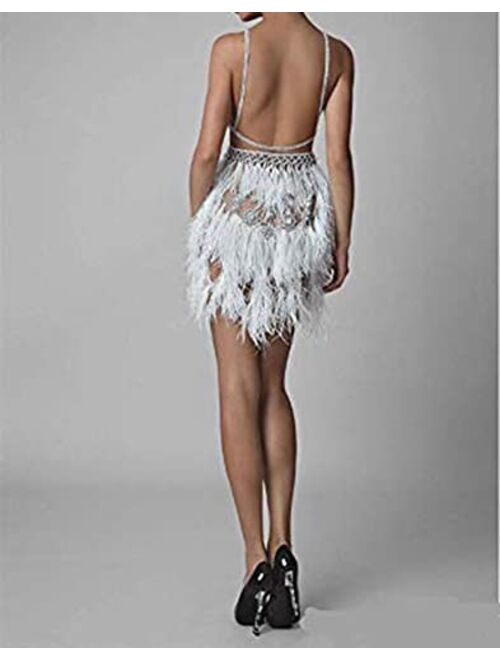 Fenghuavip Short Wedding Dress Feather Cocktail Backless Spaghetti Crystal Beads Mini Evening Gowns
