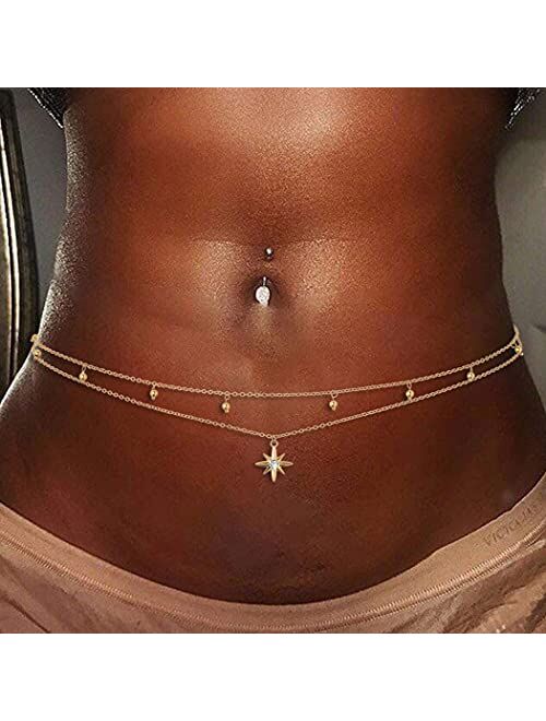 Bohend Layered Bead Belly Chain Gold Star Waist Chains Rhinestone Body Chain Jewelry Accessories for Women and Girls