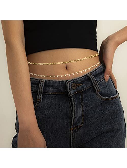 Woeoe Pearl Waist Chains Gold Layered Belly Body Chain Beach Summer Body Jewelry Accessiores for Women and Girls