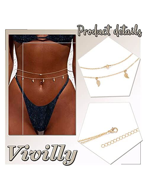 Vivilly Heart Belly Chain Gold Layered Waist Chain Beach Body Jewelry Accessories for Women and Girls (1. Bead and leaf)