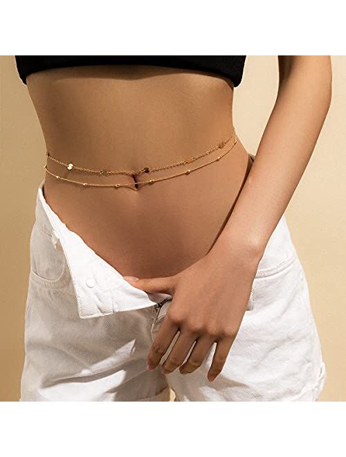 Impurain Simple Shiny Sequins Belly Chain Layered Body Chain Jewelry for Women Girls Summer Beach Bikini Accessories